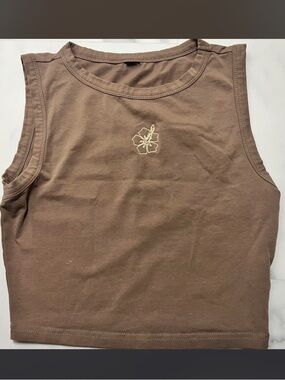 Women's Brown Sleeveless Crop Tank with Floral Embroidery